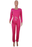 Tangerine Red Casual Solid Draw String O Neck Regular Jumpsuits