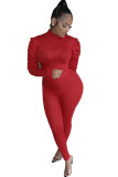 Red Polyester Casual Two Piece Suits Solid pencil Long Sleeve Two-piece Pants Set