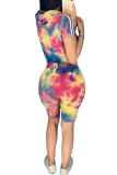 blue and yellow Polyester Fashion Street Tie Dye Two Piece Suits pencil Short Sleeve Two Pieces