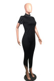 Pink Fashion Casual Solid Slit Beading Turtleneck Short Sleeve Two Pieces