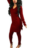 Red Elastic Fly High Solid pencil Pants Two-piece suit