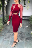 Blue Sexy Patchwork Mesh O Neck Pencil Skirt Dresses