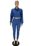 Deep Blue Casual Plaid Patchwork Turndown Collar Long Sleeve Two Pieces