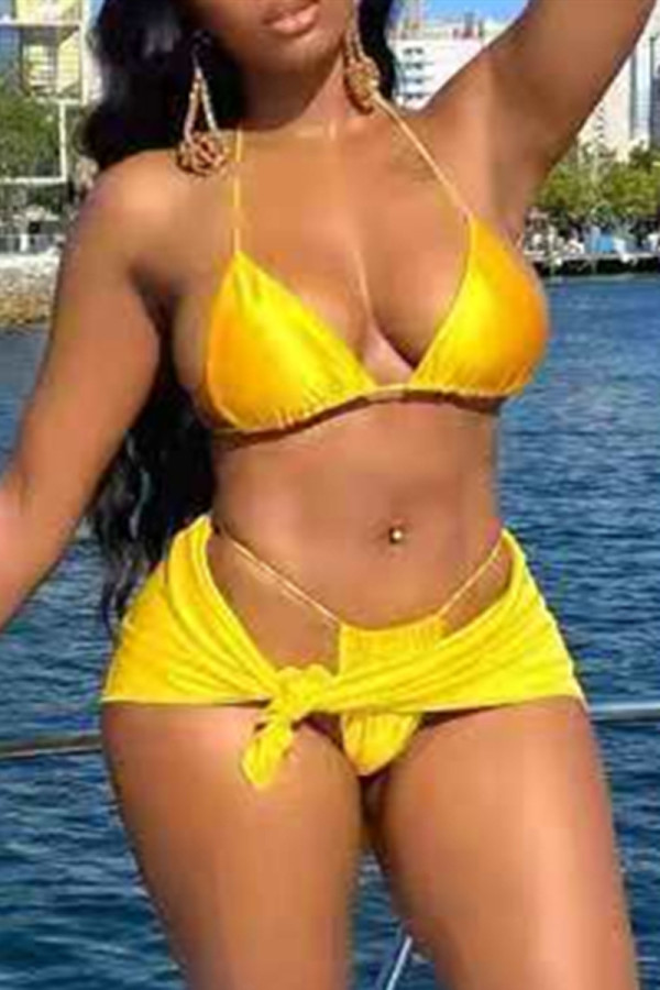 Yellow Fashion Sexy Solid Backless Strap Design Swimwears