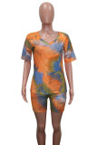 Dark Blue Polyester Fashion Sexy adult Patchwork Print Tie Dye Two Piece Suits Straight Short Sleeve Two Pieces