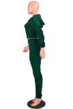 Dark green Casual Solid Fold Hooded Collar Long Sleeve Regular Sleeve Short Two Pieces