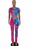 Blue venetian Fashion Sexy Tie Dye Two Piece Suits pencil Short Sleeve Two Pieces