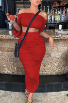 Red Polyester Fashion Sexy adult Patchwork Solid backless Draped Two Piece Suits pencil Half Sleeve Two Pieces