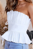 White Sweet Solid Backless Fold Strapless Mid Waist Tops