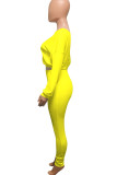 Yellow Polyester Active Europe and America Street Solid Skinny Long Sleeve Two Pieces