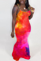 Pink Polyester Fashion Sexy adult Ma'am Pink Orange purple Off The Shoulder Sleeveless Slip Swagger Floor-Length Print Tie and dye Dresses