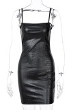 Black Casual Solid Frenulum Backless Spaghetti Strap Sling Dress Dresses