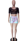 Black Network Sexy Mesh Print Two Piece Suits perspective Patchwork Straight Short Sleeve Two-Piece Short