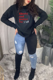 Black Fashion Casual Letter Print Basic O Neck Tops