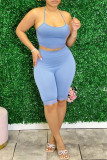 Blue Sexy Casual Solid Backless Spaghetti Strap Sleeveless Two Pieces