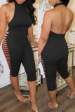 Black Sexy Casual Solid Ripped Hollowed Out Backless O Neck Skinny Jumpsuits