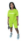Fluorescent green Polyester Fashion adult Active Letter Print Two Piece Suits Patchwork Straight Short Sleeve Two-Pie
