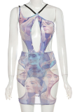 Blue Sexy Print See-through Mesh Halter Sleeveless Two Pieces