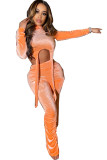 Orange Polyester Casual Two Piece Suits Draped Solid Straight Long Sleeve
