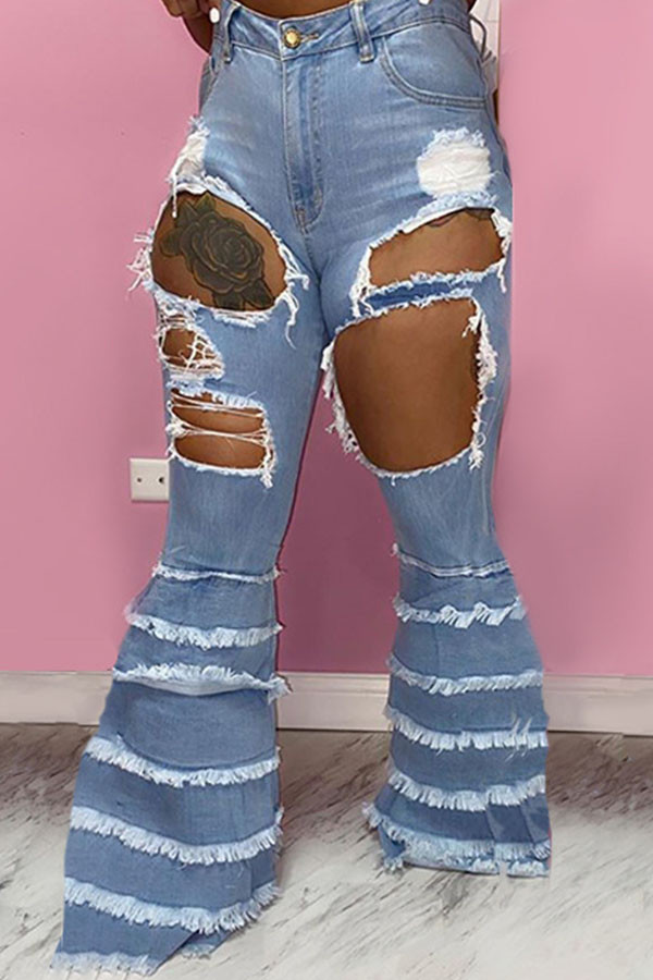 Baby Blue Fashion Sexy Solid Ripped Buttons Pants High Waist Boot Cut Denim
