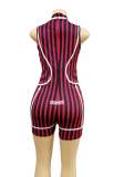 Red Sexy Striped Patchwork Turtleneck Skinny Rompers