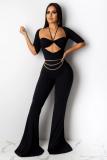 Black Polyester Sexy adult Fashion asymmetrical Solid Two Piece Suits HOLLOWED OUT Loose Half Sleeve Two-