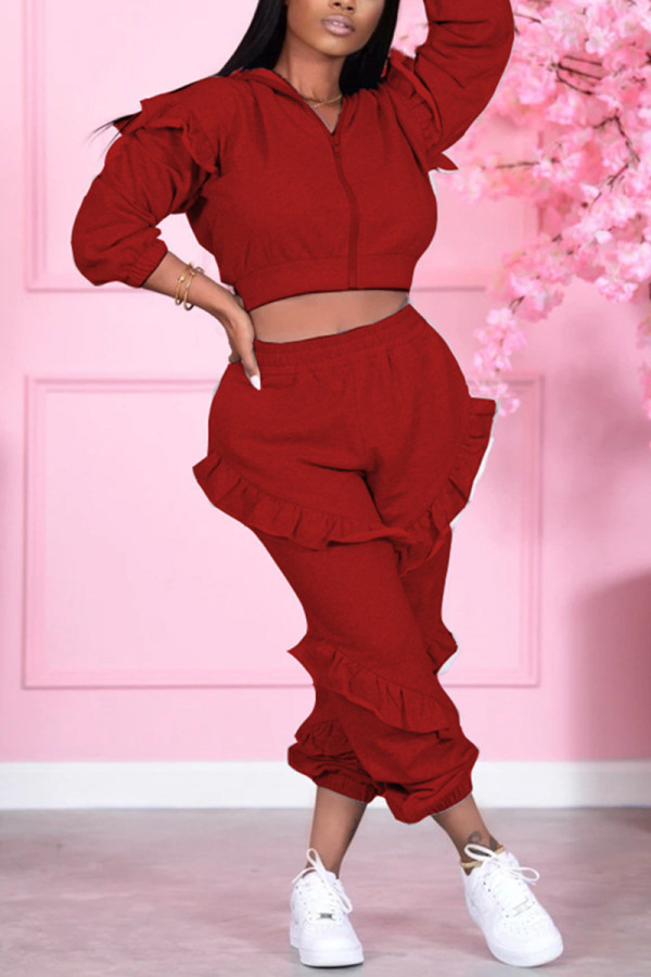 Red Fashion Casual Solid Basic Hooded Collar Long Sleeve Two Pieces