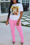 White Fashion Casual Print Basic O Neck T-Shirts