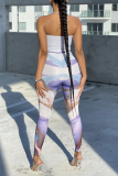 Purple Sexy Print Split Joint Strapless Skinny Jumpsuits