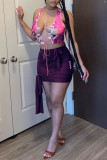 Pink Fashion Sexy Print Backless Strap Design Sleeveless Two Pieces