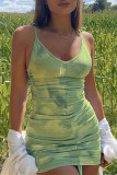 Light Yellow Fashion Sexy Print Tie-dye V Neck Sling Dress