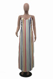 Rainbow Color Fashion Casual Striped Print Backless Spaghetti Strap Sleeveless Dress