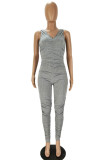 Grey Sexy Backless Solid Draped Cotton Sleeveless V Neck Jumpsuits