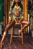 Yellow Sexy Print Split Joint Mesh Swimwears
