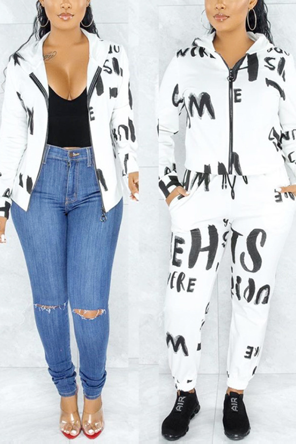 White Casual Print Letter Hooded Collar Long Sleeve Two Pieces