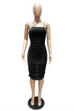 Blue Fashion Sexy Solid Patchwork Fold Square Collar Sling Dress