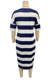 Khaki Sexy Short Sleeves O neck Straight Mid-Calf Striped Print Dresses