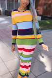 colour Sexy Striped Print Patchwork O Neck Long Sleeve Ankle Length Pencil Skirt Dresses