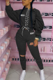 Red Fashion Casual Letter Solid Ripped Embroidered Bandage Letter Strap Design O Neck Long Sleeve Regular Sleeve Regular Two Pieces
