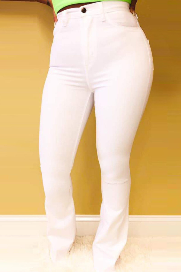 White Work Daily Solid Buttons Regular High Waist Pencil Bottoms