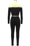 Black Fashion Sexy Adult Polyester Solid Split Joint Bateau Neck Long Sleeve Regular Sleeve Short Two Pieces