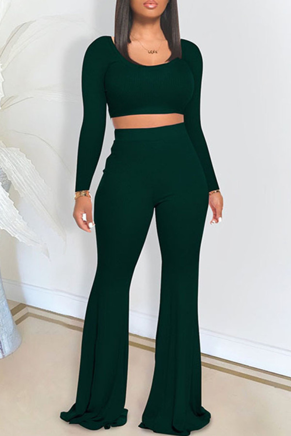 Green Casual Solid Patchwork O Neck Long Sleeve Two Pieces