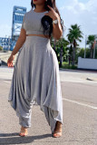 Grey knit Sexy Patchwork Solid backless Straight Short Sleeve Two Pieces