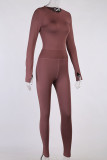 Brown Sportswear Solid Split Joint O Neck Long Sleeve Two Pieces