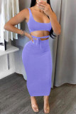Purple Fashion Sexy Solid Backless Strap Design U Neck Sleeveless Two Pieces