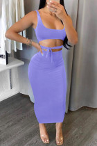 Purple Fashion Sexy Solid Backless Strap Design U Neck Sleeveless Two Pieces