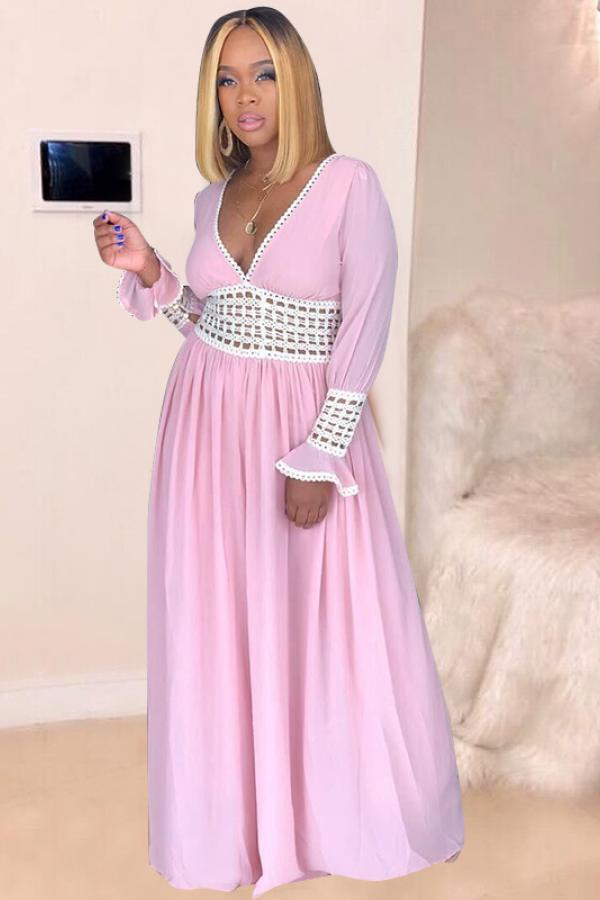 Pink Casual Fashion Cap Sleeve Long Sleeves V Neck Floor-Length bandage hollow out Solid asymme