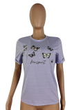 Purple Casual Print Patchwork O Neck T-Shirts