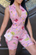 Pink Fashion Sexy Print Basic Zipper Collar Skinny Romper