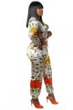 multicolor Fashion Sexy zipper Patchwork Print Polyester Long Sleeve Mandarin Collar Jumpsuits